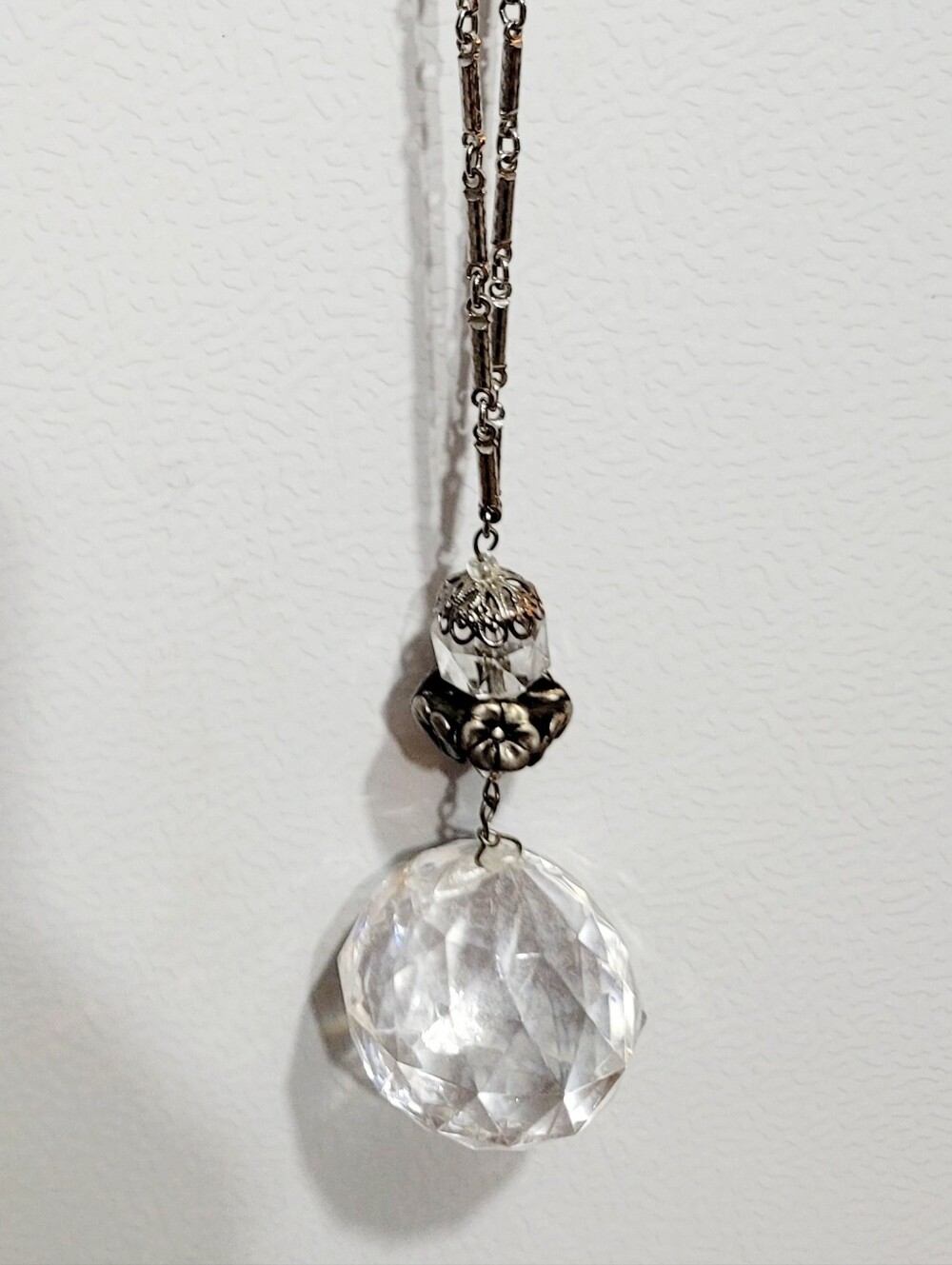 Vintage Style Crystal Ball Pendant Necklace Silver Tone Faceted Glass